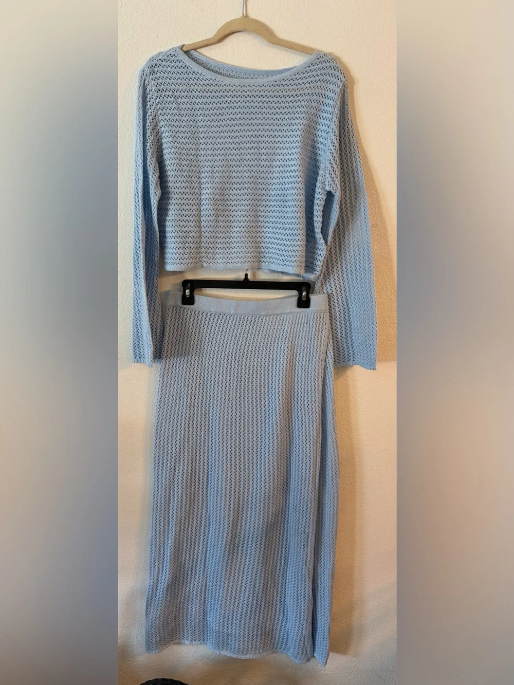 Light Blue Knit Top & Skirt with Side Slit Cover Up